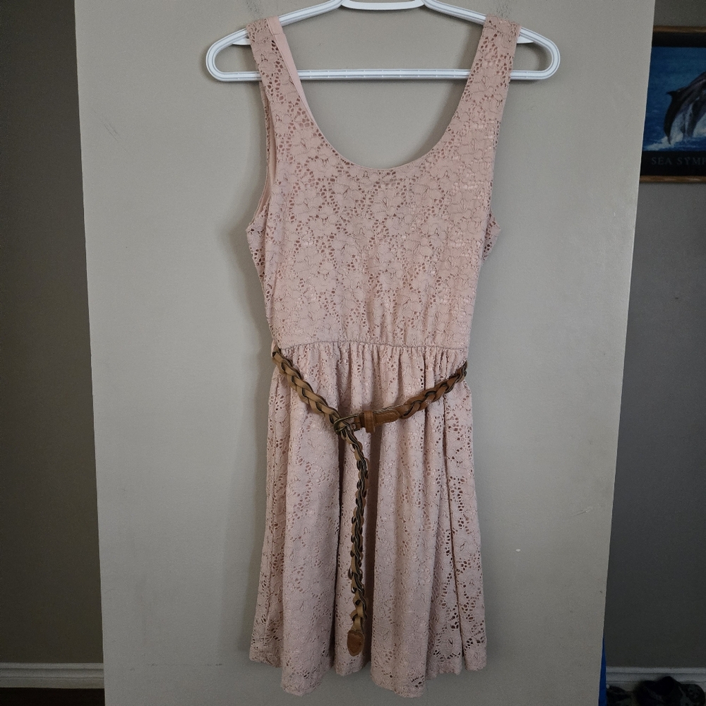 Bluenotes Lace Sleeveless Dress with Braided Belt Boho Peach Pink Medium